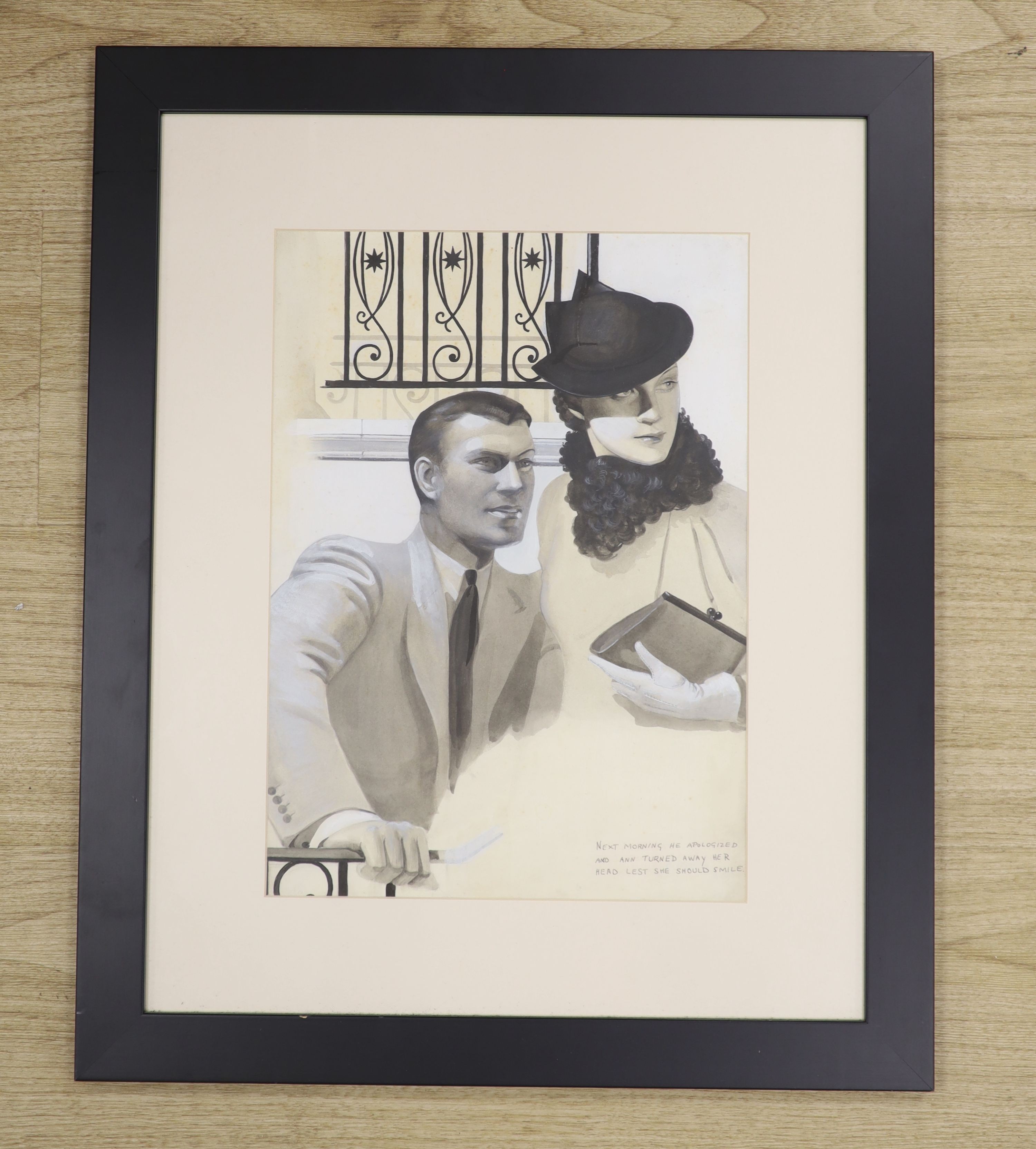 Marjorie Dericourt (Exh.1931-34), watercolour en grisaille, book illustration 'Next Morning he apologised and turned away her head lest she should smile', Abbott & Holder label verso, 37 x 27cm